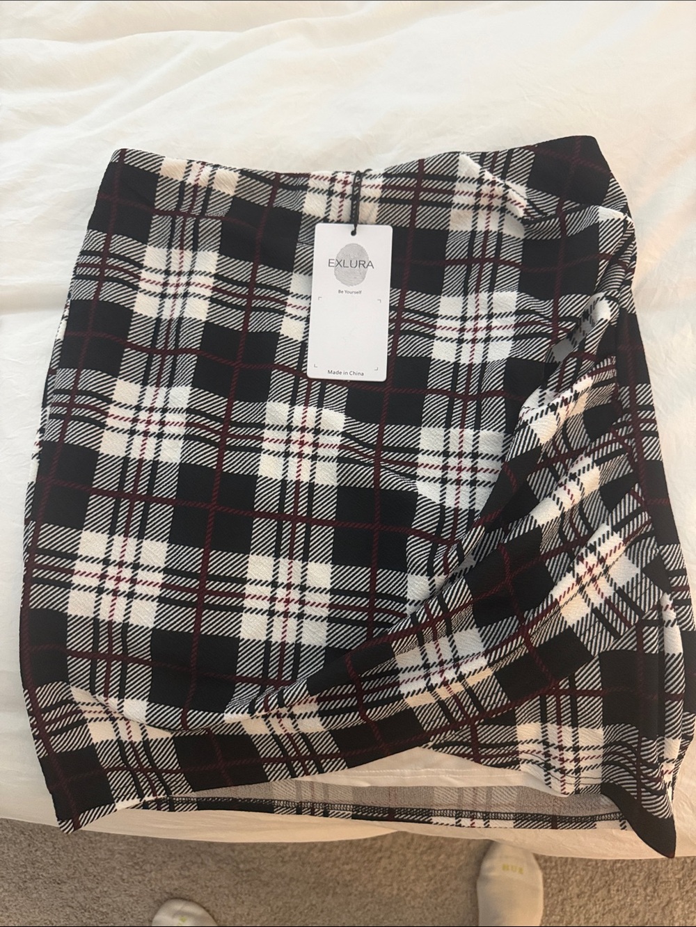 EXLURA Black & White Plaid Mini Skirt with Burgundy Accents